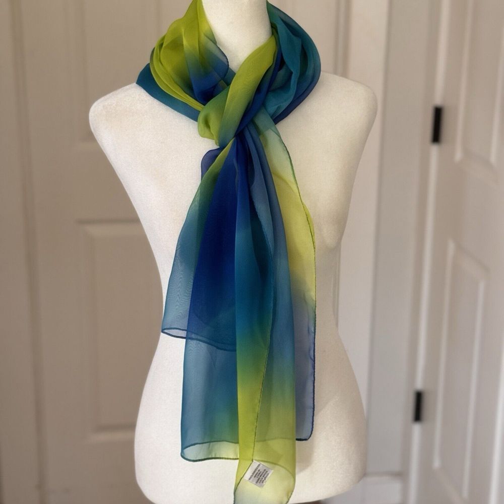 Vtg Cejon Rectangular Neck Head Scarf Blue Green‎ Ombre Retro Watercolor Sheer
